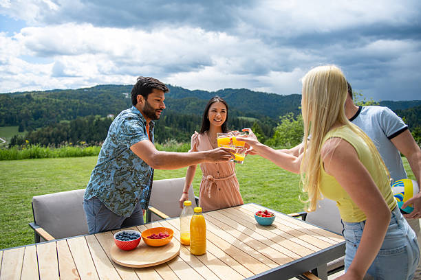 istock Young Friends Sharing Drinks And Snacks On Wooden Deck With Mountain Landscape View 2226938247