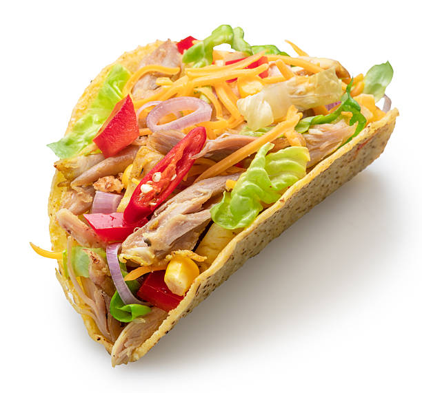 istock Mexican chicken meat tacos, corn-based tortilla with chicken meat and vegetables isolated on white, top view. File contains clipping path. 2226940139