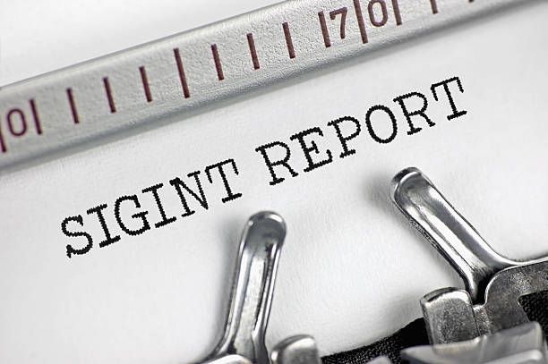 istock Signals intelligence (acronym SIGINT) report text macro closeup, typewriter typed encrypted electronic communications interception reporting intel document concept, classified sensitive information gathering and cryptanalysis metaphor, large detailed 2226941734