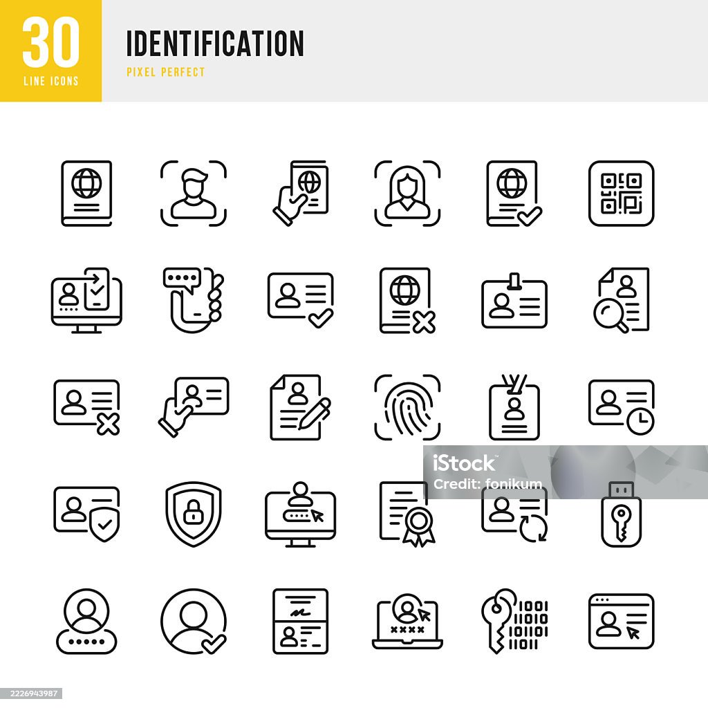 Identification - ensemble d’icônes vectorielles de ligne mince. 30 icônes. Pixel parfait. L’ensemble se compose d’icônes telles que Passeport, Document, Carte d’identité, Système de sécurité, Biométrie, Empreinte digitale, Face ID, Authenti - clipart vectoriel de Icône libre de droits Identification - ensemble d’icônes vectorielles de ligne mince. 30 icônes. Pixel parfait. L’ensemble se compose d’icônes telles que Passeport, Document, Carte d’identité, Système de sécurité, Biométrie, Empreinte digitale, Face ID, Authenti - clipart vectoriel de Icône libre de droits