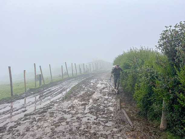 Man with backpack and walking stick navigating a muddy path on a foggy day. Outdoor adventure in wet conditions. Hiking in nature with challenging terrain and low visibility.