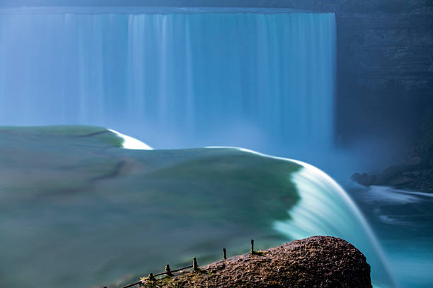 Niagara Falls, Horseshoe Falls, from the American side, Canada on the other side of the falls, mist rising, bright sunshine, long exposure to smooth the water's flow.