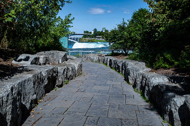 Niagara Falls stone walkway to American Falls overlook, waterfall in the distance, international bridge and observation tower, bright sunshine, blue sky.