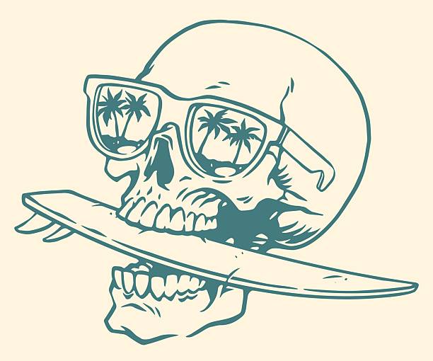 A detailed illustration features a skull wearing sunglasses with palm trees reflected in the lenses. The skull holds a surfboard in its mouth showcasing a playful surf culture vibe.