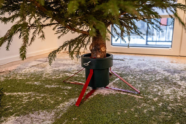 istock Dry Christmas tree in stand with fallen needles on carpet indoors after holidays 2226953809