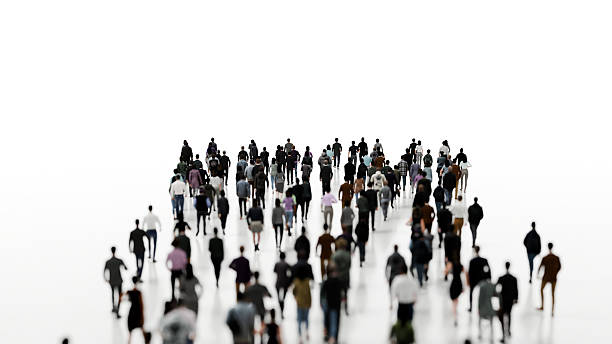 istock Large group of miniature figurines moving forward on white surface, representing concept of progress and community 2226955256