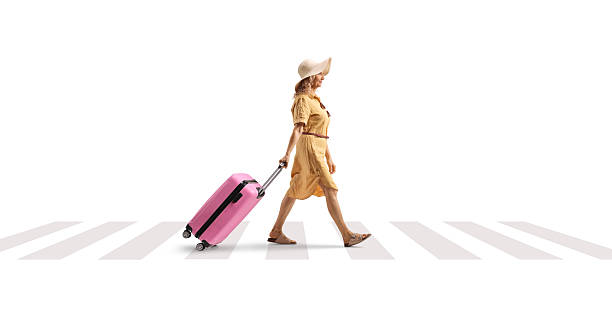 istock Mature woman walking and pulling a pink suitcase at zebra crossing 2226958603