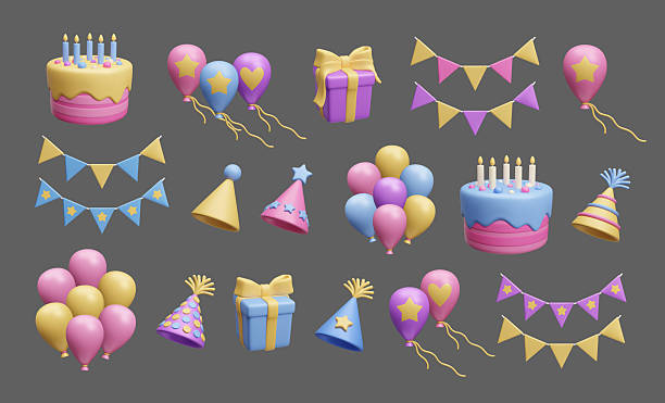 istock Big bundle of different 3D style Happy Birthday party decoration set. Party hat, gift box, air balloon bunch, flag garland banner, birthday cake dessert 3D render icon set isolated on dark background. 2226972119