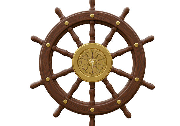 Isolated Ornate Wooden Ship Steering Wheel with Compass