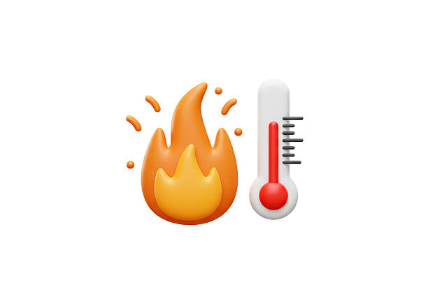 Isolated Fiery Flame Next to Thermometer Indicating High Temperature