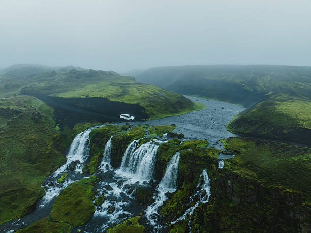 Aerial View of Multi Tiered Waterfall and River in Iceland