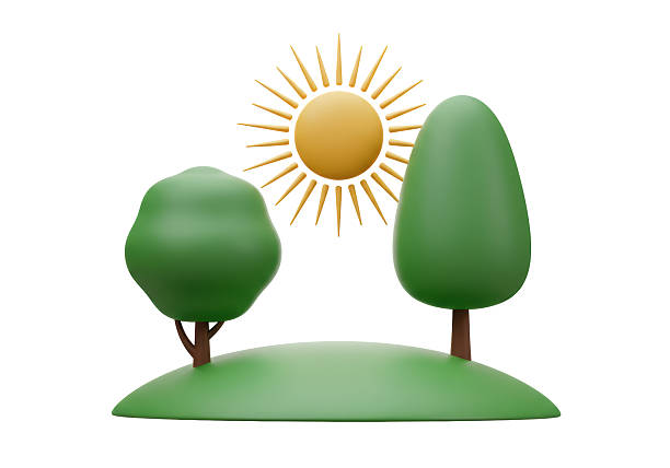 Isolated Simple Landscape: Sun, Trees, and Green Hill