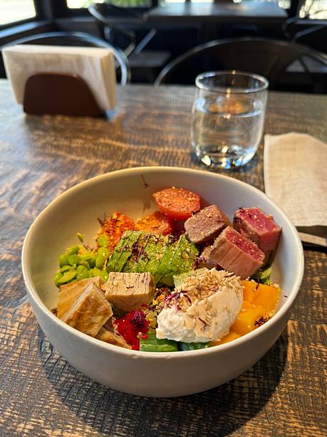 Colorful Poke Bowl with Tuna, Avocado and Fresh Vegetables