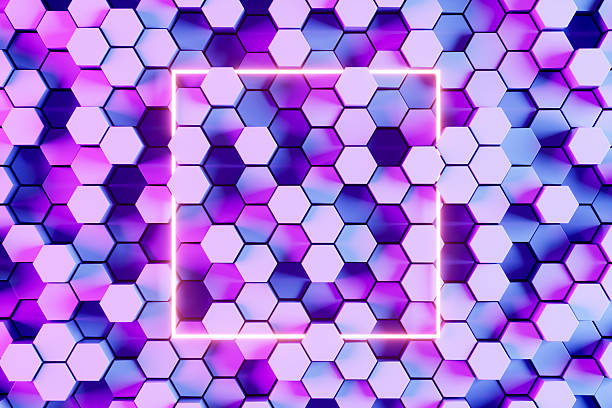 A digitally generated image featuring an ultraviolet neon light frame glowing against a hexagon-patterned background, symbolizing modern technology, high-tech aesthetics, and futuristic innovation. This dynamic design represents cyber themes, digital interfaces, and sci-fi concepts, making it ideal for technology, gaming, and digital art projects.