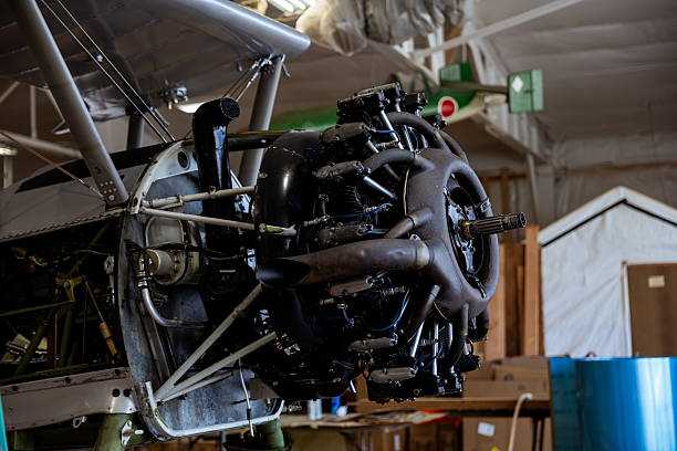 Front view of a radial engine without propeller intended for a Fokker D-21 restoration project in Hoogeveen, The Netherlands . Radial engines were a common engine for propeller airplanes in the 20th century. This one will in due course power a restored Fokker D-21 from the 1930's. The D-21 was used by the Dutch air force at the beginning of the second world war.