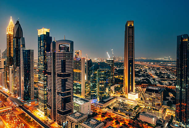 Aerial View of Dubai Downtown Skyline and Sheikh Zayed Road at Twilight stock photo