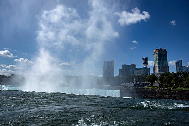 Niagara Falls, Horseshoe Falls, view from the American side, falls in the foreground, mist rising, major hotels creating a dynamic skyline on the Canadian side.  Photo taken September 14, 2023.