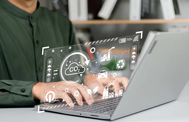 istock Business man using computer on CO2 emission reduction concept with global warming icon. along with climate, energy, sustainability, environment. 2227010413