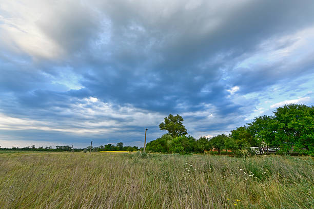 Beautiful summer landscape after a summer shower, at sunset outside the city in the village. Ukraine, Dnipropetrovsk region.
