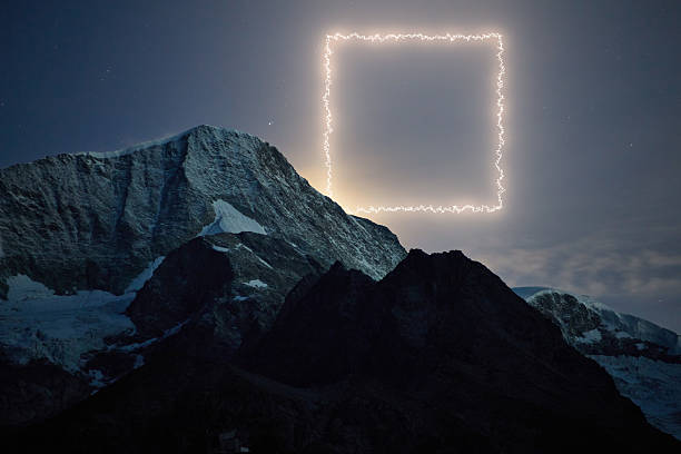 A breathtaking mountain landscape at night with an artificial square light formation by the moon, creating an atmospheric and artistic scene full of wonder and intrigue.