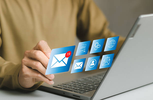 istock New email notification concept for business e-mail communication and digital marketing. Inbox receiving electronic message alert. business people touch on email in virtual screen. internet technology. 2227015364