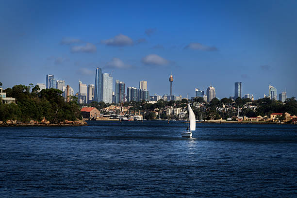 A small sailboat drifts along the Parramatta River with the modern skyline of Sydney, Australia rising in the background under a clear blue sky.