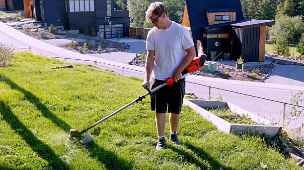 Young man mowing new grass lawn with weed wacker