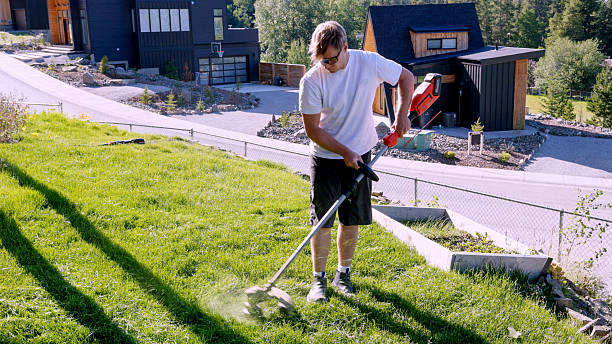 Young man mowing new grass lawn with weed wacker