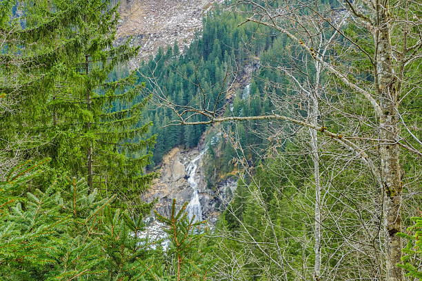 A dramatic waterfall plunges down a rocky cliff framed by dense forests in Stubaital, near Innsbruck, Austria. Snow-dusted mountain peaks rise in the distance, enhancing the alpine atmosphere. The scene highlights the force of natural water shaping the valley, while spring meadows bloom in the foreground. This composition captures the wild beauty and seasonal contrasts of the Stubai Alps in Tyrol.