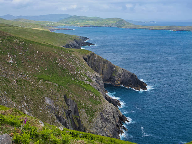 Breathtaking view of rugged sea cliffs on Dursey Island, Ireland, backed by lush green landscapes and the vast Atlantic Ocean.