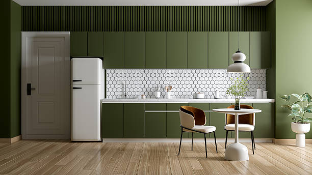 istock Green modern elegant kitchen and  dining interior design, Modern style furniture ,3d render mock up 2227037233
