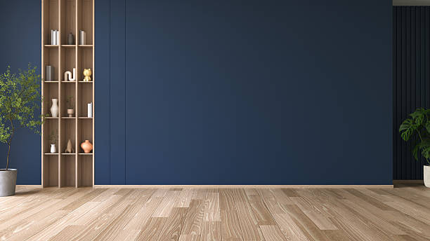 istock Dark blue wall , Modern interior ,empty room with cozy and wood floor parquet, 3d render 2227037246
