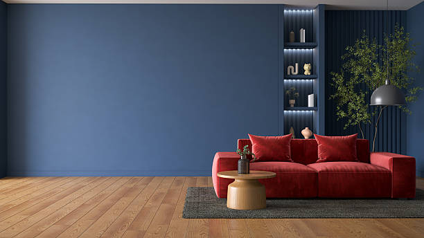 istock Modern interior living room design,cozy home have red sofa with dark blue wall mockup with wood floor parquet, 3d render 2227037251