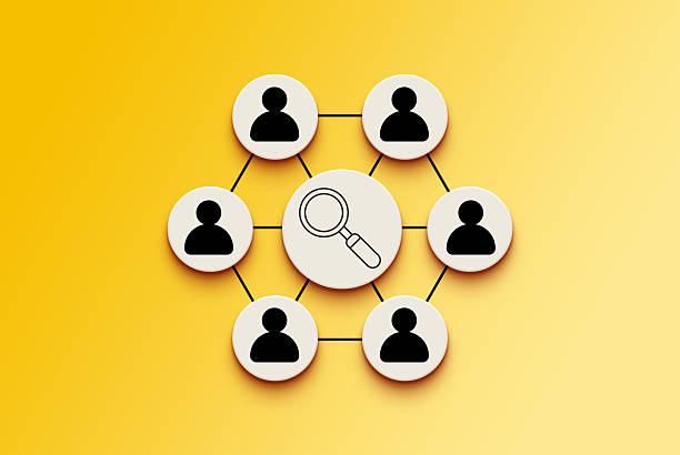 This conceptual image illustrates the process of recruitment and searching for the right candidate. A central icon featuring a magnifying glass symbolizes the search, and it is connected to a network of black person icons. Set against a bright yellow background, this visual is a modern metaphor for human resources, talent acquisition, and building a team. It's an ideal graphic for business presentations on topics like job searching, networking, and the importance of finding the right people to achieve organizational success.