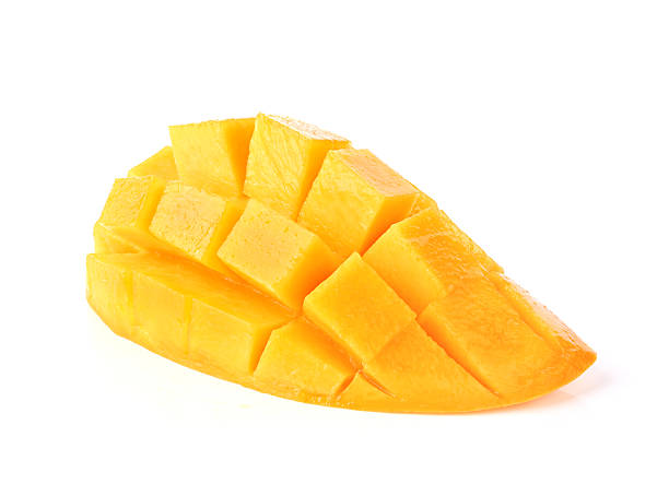 istock Mango slice cut to cubes isolated on white background 2227047808