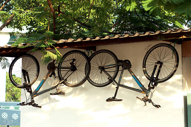 Bicycles are stored by hanging them on the ceiling.