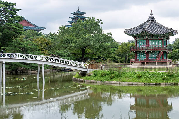 istock Hyangwonjeong Pavilion, a two stories hexagonal pavilion located on an artificial island in Hyangwonji Pond within Gyeongbokgung Palace in Seoul, South Korea 2227062590