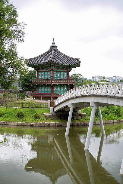 istock Hyangwonjeong Pavilion, a two stories hexagonal pavilion located on an artificial island in Hyangwonji Pond within Gyeongbokgung Palace in Seoul, South Korea 2227062622