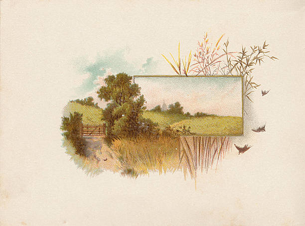 Simple 1880's vintage chromolithograph illustration, pastoral scene of fields and trees. Colour on aged paper. By Alfred Woodruff, from 'He Leadeth Me' booklet on 23rd Psalm. Scan with touch-ups.