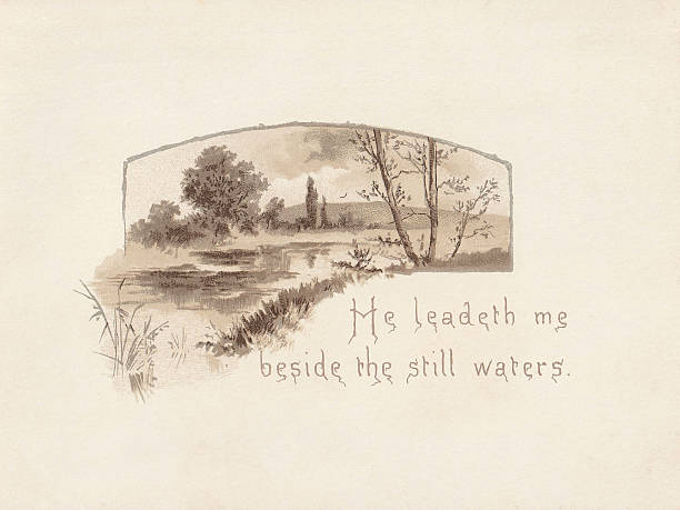 Vintage 1880's Illustration by Alfred Woodruff. Quiet river flowing between treed far bank and grassy near bank. Bordered image. Text reads: 'He leadeth me beside the still waters'. Scan from 'He Leadeth Me' booklet on 23rd Psalm, by Hazell, Watson & Viney Printers and Binders Ld Aylesbury London