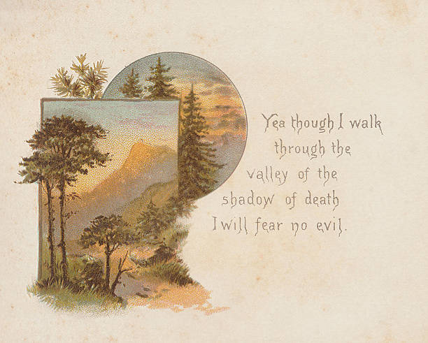 Simple vintage 1880's era illustration featuring bordered scenes of mountains, trees, pines,, and path. Text beside reads: 'Yea though I walk through the valley of the shadow of death I will fear no evil.' Art by Alfred Woodruff, from 'He Leadeth Me' booklet on 23rd Psalm. Scan with touch-ups.