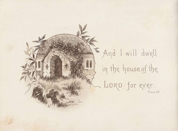 Scan of vintage 1880's sepia illustration by Alfred Woodruff, from 'He Leadeth Me' book on 23rd Psalm. Shows old chapel building beyond some tombstones in overgrown grass. Stylized text reads 'And I will dwell of the house of the Lord forever'.
