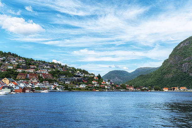 Sogndal village with houses built on the coast. Taken in Norway.