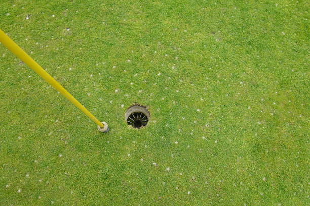 Yellow golf flag stick resting on the putting green near the hole, symbolizing the challenge of almost making the perfect putt