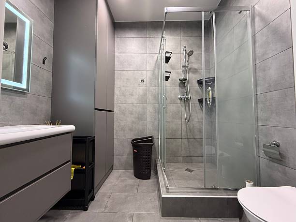 istock Modern Grey Bathroom with Glass Shower 2227081316
