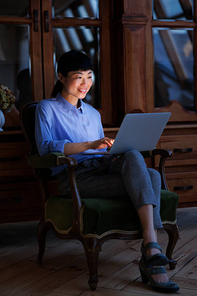 istock Japanese business woman using laptop computer while working late in an office 2227088236