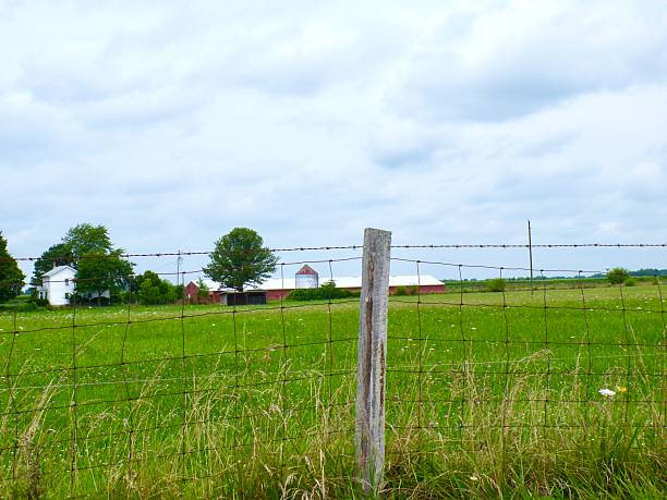 Farm behind fence with storm clouds.