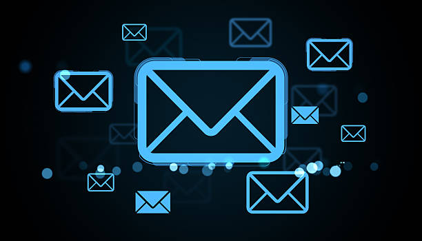 istock Glowing blue email envelope icons floating on a dark digital background representing communication and online messaging concept in modern design. 3D Rendering 2227096844