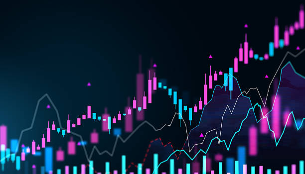 istock Digital financial market chart with glowing forex candlesticks and index analysis on dark background. Modern investment data interface design. 3D Rendering 2227096855