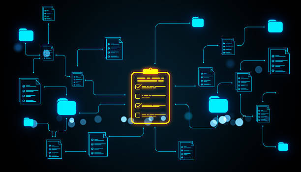 istock Online document management system with neon icons and network structure on digital background representing data workflow and cloud service concept. 3D Rendering 2227096857